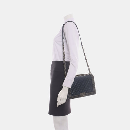 CHANEL BOY CHANEL Large Dark Blue Calfskin Quilted Shoulder Bag Backpack with Detachable Strap Rhodium Hardware 21 Compartments-(SKU)-931094440