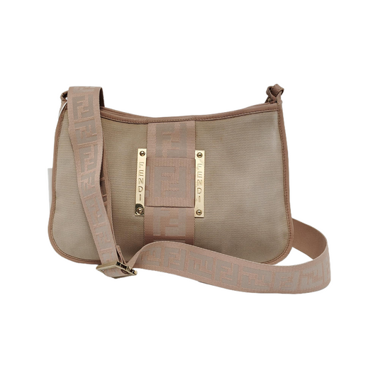 FENDI 米色帆布双F提花斜挎包Handheld包Shoulder Bag Golden hardware-(SKU)-945606964