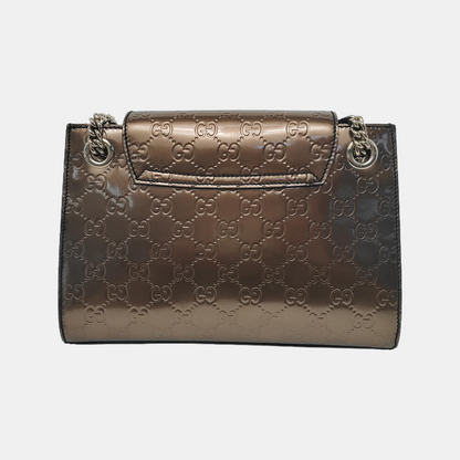 GUCCI Emily Chain Brown Patent Leather Monogram Embossed Shoulder and Handbag Golden hardware-(SKU)-945120170