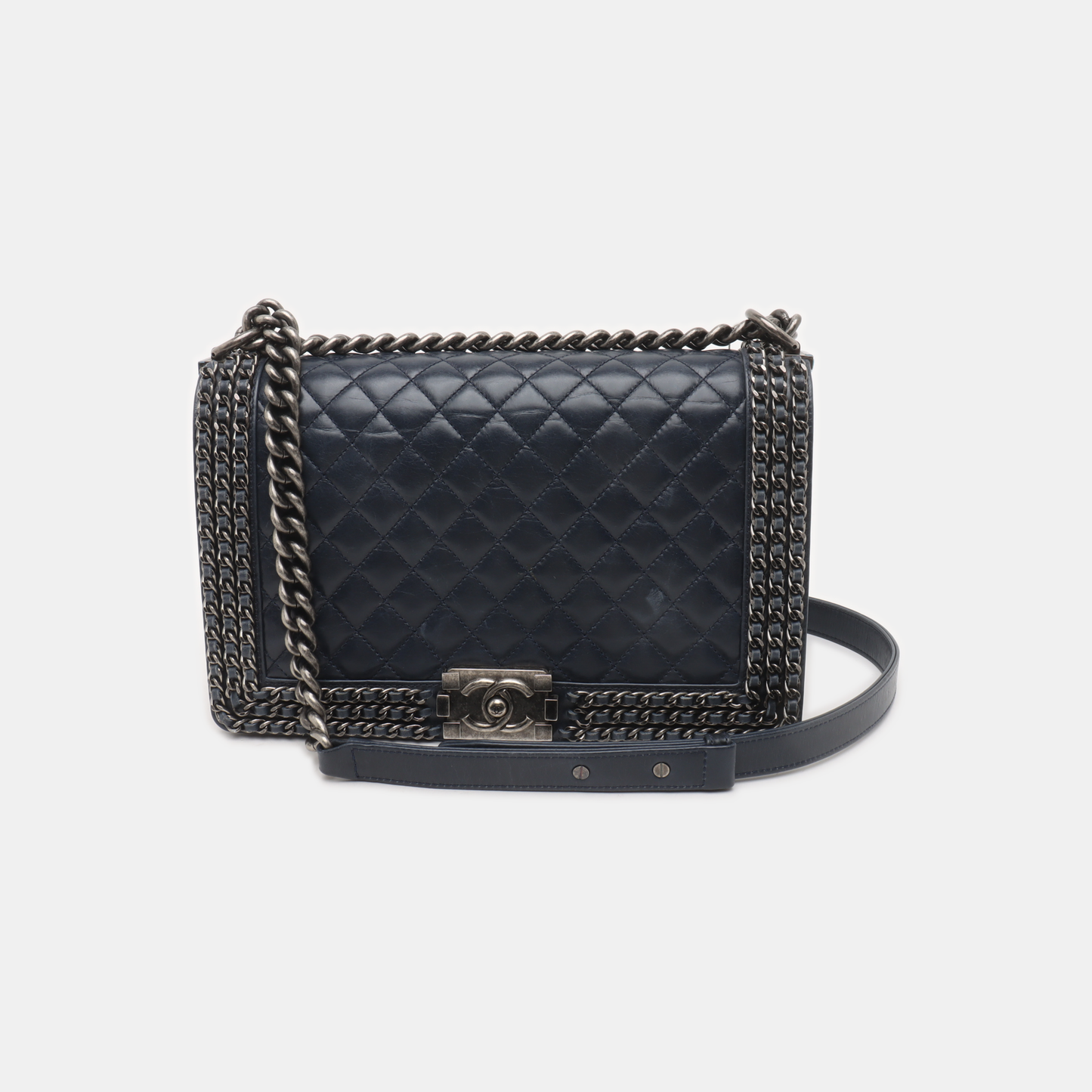 CHANEL BOY CHANEL Large Dark Blue Calfskin Quilted Shoulder Bag Backpack with Detachable Strap Rhodium Hardware 21 Compartments-(SKU)-931094440