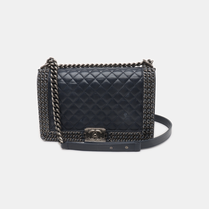 CHANEL BOY CHANEL Large Dark Blue Calfskin Quilted Shoulder Bag Backpack with Detachable Strap Rhodium Hardware 21 Compartments-(SKU)-931094440