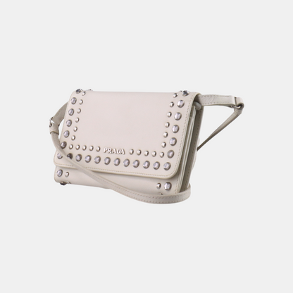PRADA White Cowhide Crisscross Studs Single Shoulder Bag Crossbody Bag Silver Hardware Removable shoulder strap-(SKU)-935053572