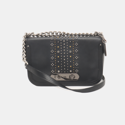 COACH SWAGGER Black Leather Studs Inlay Crossbody Bag Single Shoulder Bag Golden silver ruthenium color hardware-(SKU)-939036502