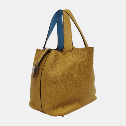 HERMÈS Picotin Lock 22 Yellow Clemence Calfskin Basket Handbag with Silver Hardware and C Stamp-(SKU)-946053978