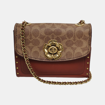 COACH PARKER 18 Brown Coated Canvas Monogrammed Studs Crossbody Shoulder Bag Golden hardware-(SKU)-940154037