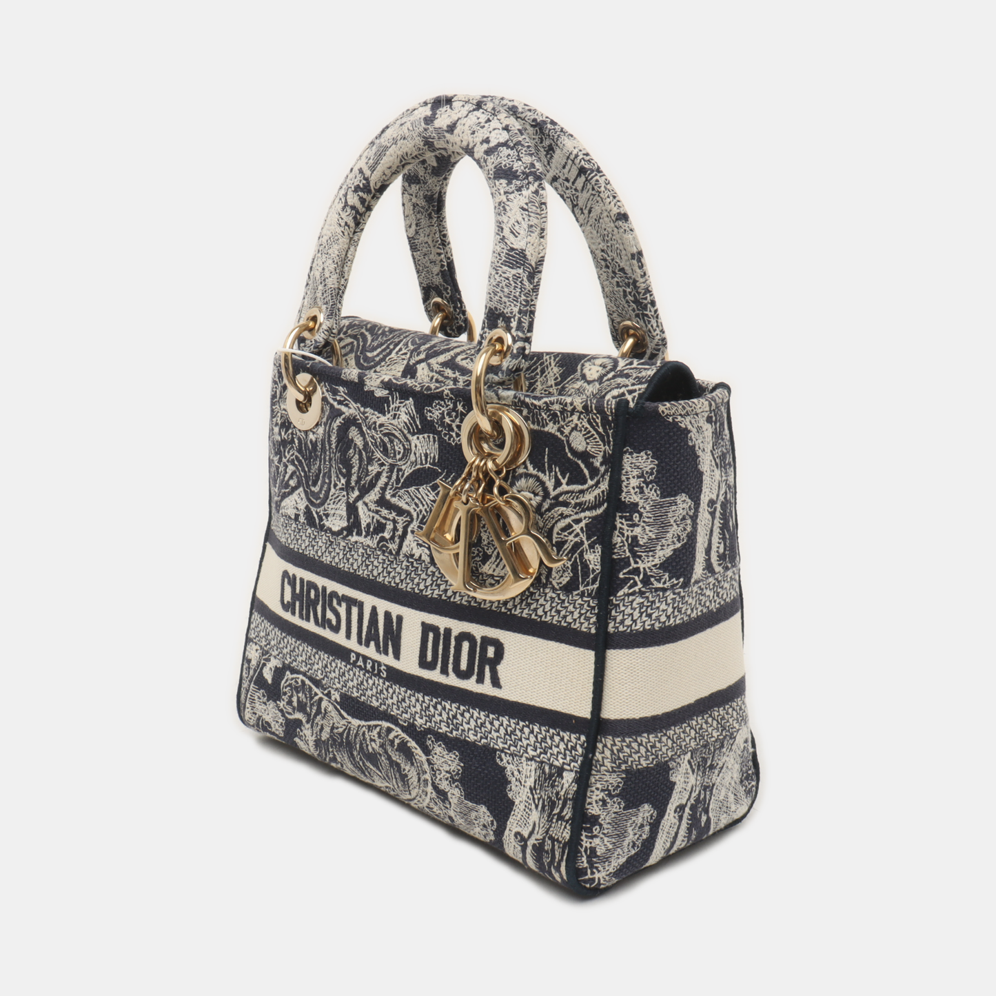 DIOR Lady D-Lite medium size blue fabric embroidered shoulder bag gold hardware detachable shoulder strap-(SKU)-934742654