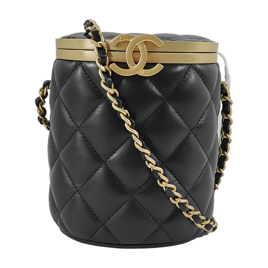 CHANEL CROWN BOX VANITY Small-sized Black Lamb Skin Quilted Monogram Crossbody Bag Shoulder Bag Golden Hardware-(SKU)-945181171