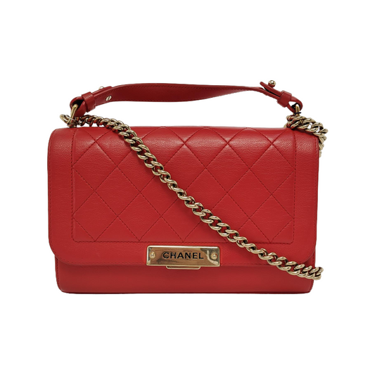 CHANEL LABEL CLICK Small Orange Red Lamb Skin Quilted Crossbody Shoulder Bag Tote Bag Gold Hardware 23 Clasp-(SKU)-945772666