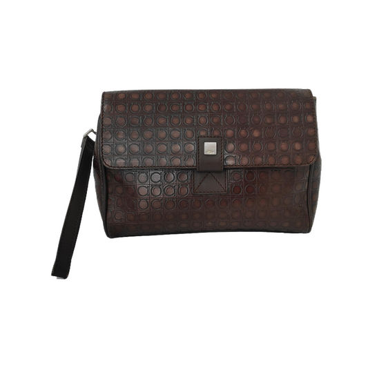 FERRAGAMO Chocolate Brown Leather Embossed Clutch Silver Hardware-(SKU)-942092439