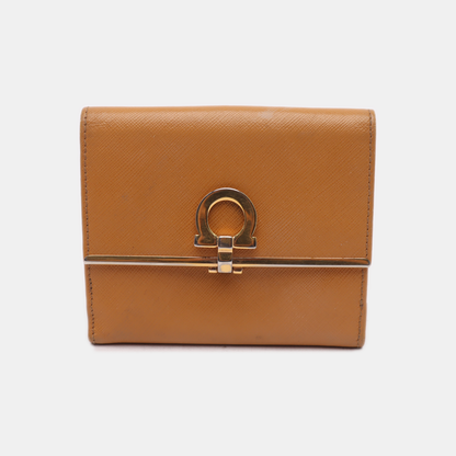 FERRAGAMO Gancio Brown Leather Embossed Wallet Golden hardware-(SKU)-13699492