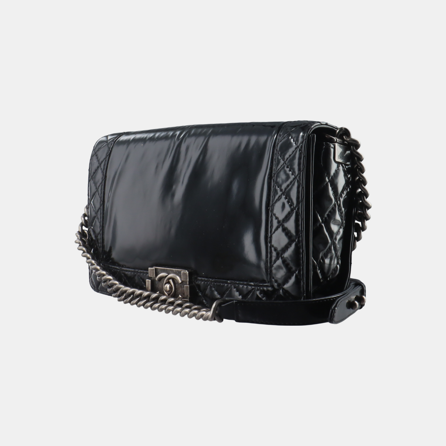 CHANEL BOY CHANEL Large Black Patent Leather Quilted Diagonal Shoulder Bag with Detachable Strap-(SKU)-14067527