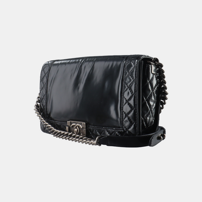 CHANEL BOY CHANEL Large Black Patent Leather Quilted Diagonal Shoulder Bag with Detachable Strap-(SKU)-14067527