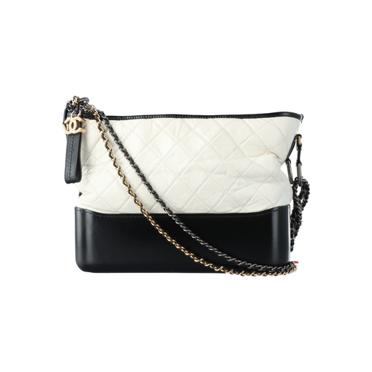 CHANEL GABRIELLE Medium White Leather Quilted Diamond Stitch Hobo Bag with Shoulder Strap, Gold Silver Ruthenium Hardware, 26 Opening-(SKU)-12142996