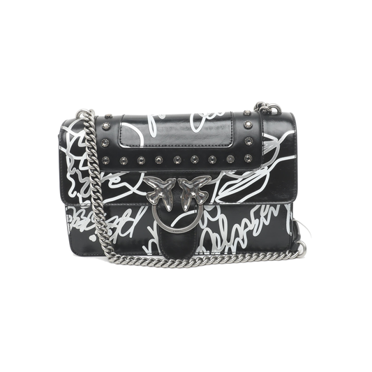 PINKO Mini Love Black Leather Stud Printed Crossbody Single Shoulder Bag Silver Hardware-(SKU)-936420003