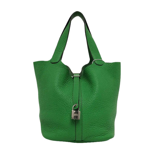 HERMÈS Picotin Lock 22 Bamboo Green Clemence Calfskin Basket Handbag with Detachable Strap, Silver Hardware, 🅁-(SKU)-940900076