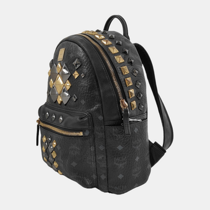 MCM STARK  Small size Black Coated Canvas Monogram Studs Backpack Golden hardware-(SKU)-942517154