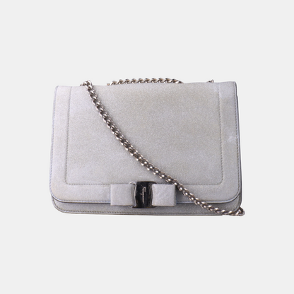 FERRAGAMO Vara Medium size Grey Cowhide Crossbody Bag Silver Hardware Removable shoulder strap-(SKU)-13751460