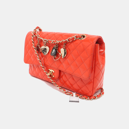 CHANEL CLASSIC FLAP medium size red patent leather quilted shoulder bag with 13 chain links, gold and black and red hardware-(SKU)-931805399