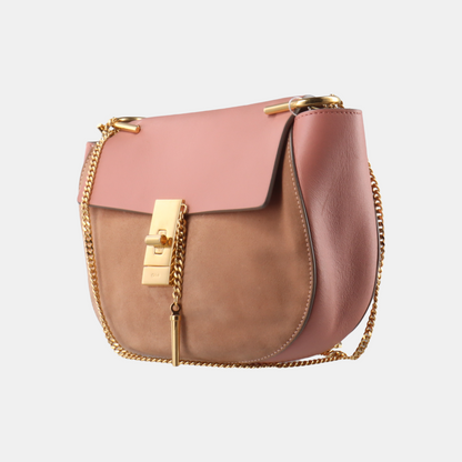Chloé Drew Medium size Pink Suede Piggy Bank Bag Crossbody Bag Shoulder Bag Golden hardware Removable shoulder strap-(SKU)-13484103