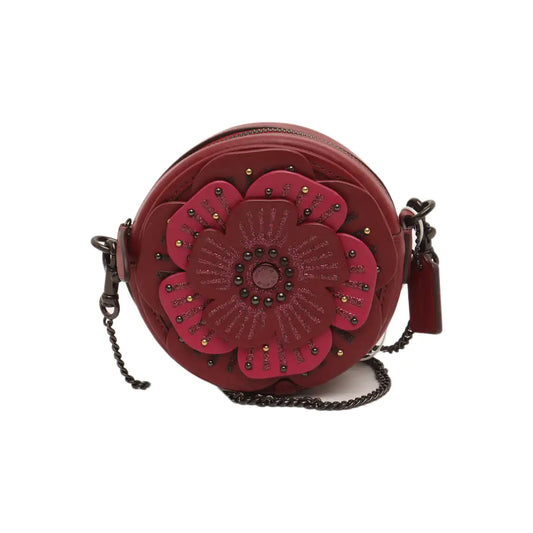 COACH Round Bun Bag Red Leather Studs Patchwork Single Shoulder Bag Crossbody Bag Black hardware Removable shoulder strap-(SKU)-14340529