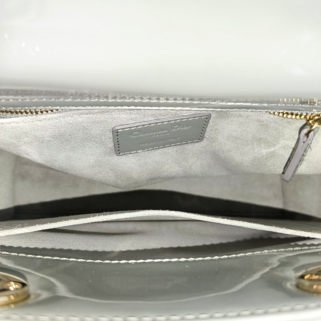 DIOR Lady Dior Small Size Blue Gray Patent Leather Cannage Quilted Diorella Shoulder Bag Tote Crossbody Bag with Detachable Strap-(SKU)-945787719