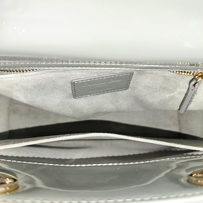 DIOR Lady Dior Small Size Blue Gray Patent Leather Cannage Quilted Diorella Shoulder Bag Tote Crossbody Bag with Detachable Strap-(SKU)-945787719