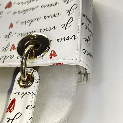 DIOR Lady Dior Small White Calfskin Printed Shoulder Bag Tote Crossbody Bag with Detachable Strap Gold Red Hardware-(SKU)-952283024