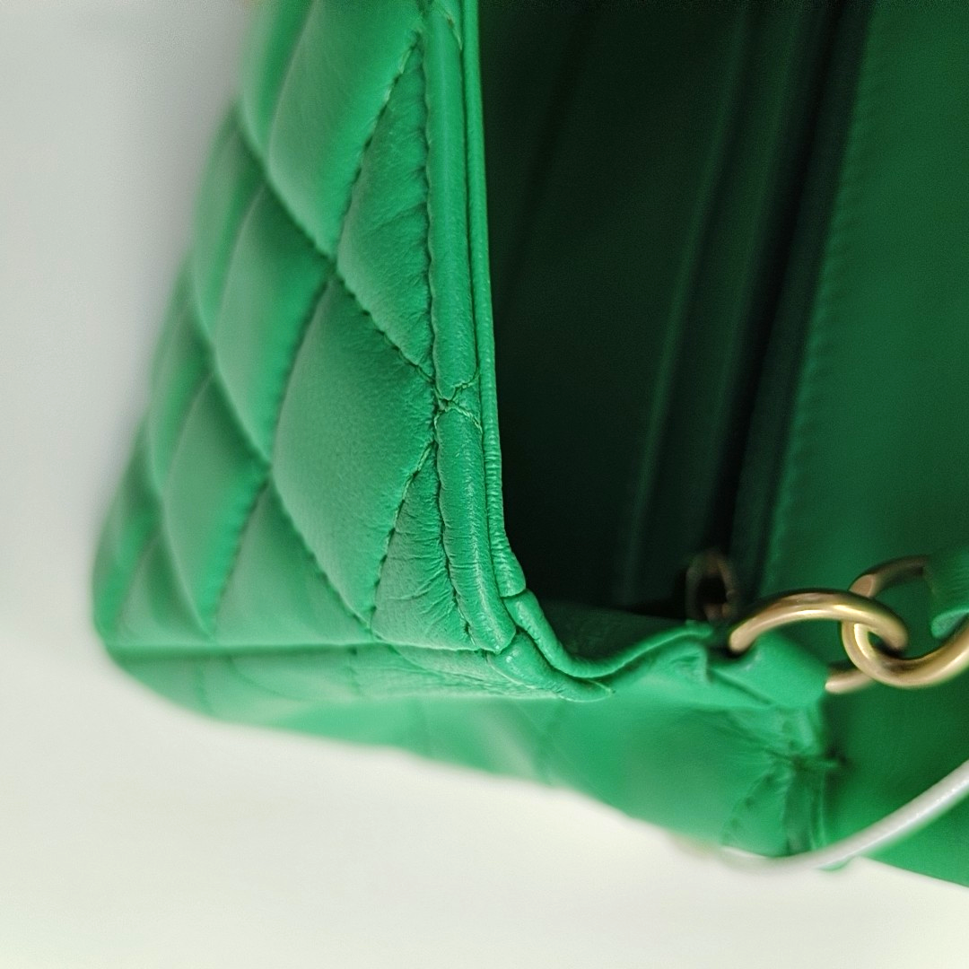 CHANEL CLASSIC FLAP Green Lamb Skin Quilted Monogram Large Mini Crossbody Bag Shoulder Bag 18 Clasp Golden Hardware-(SKU)-964964011