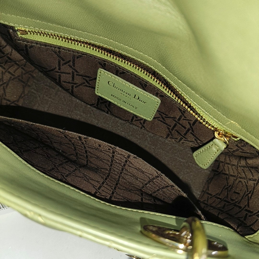 DIOR Lady Dior Small Green Lamb Skin Quilted Cannage Four-Gusset Shoulder Bag with Golden Hardware and Detachable Strap-(SKU)-968039587