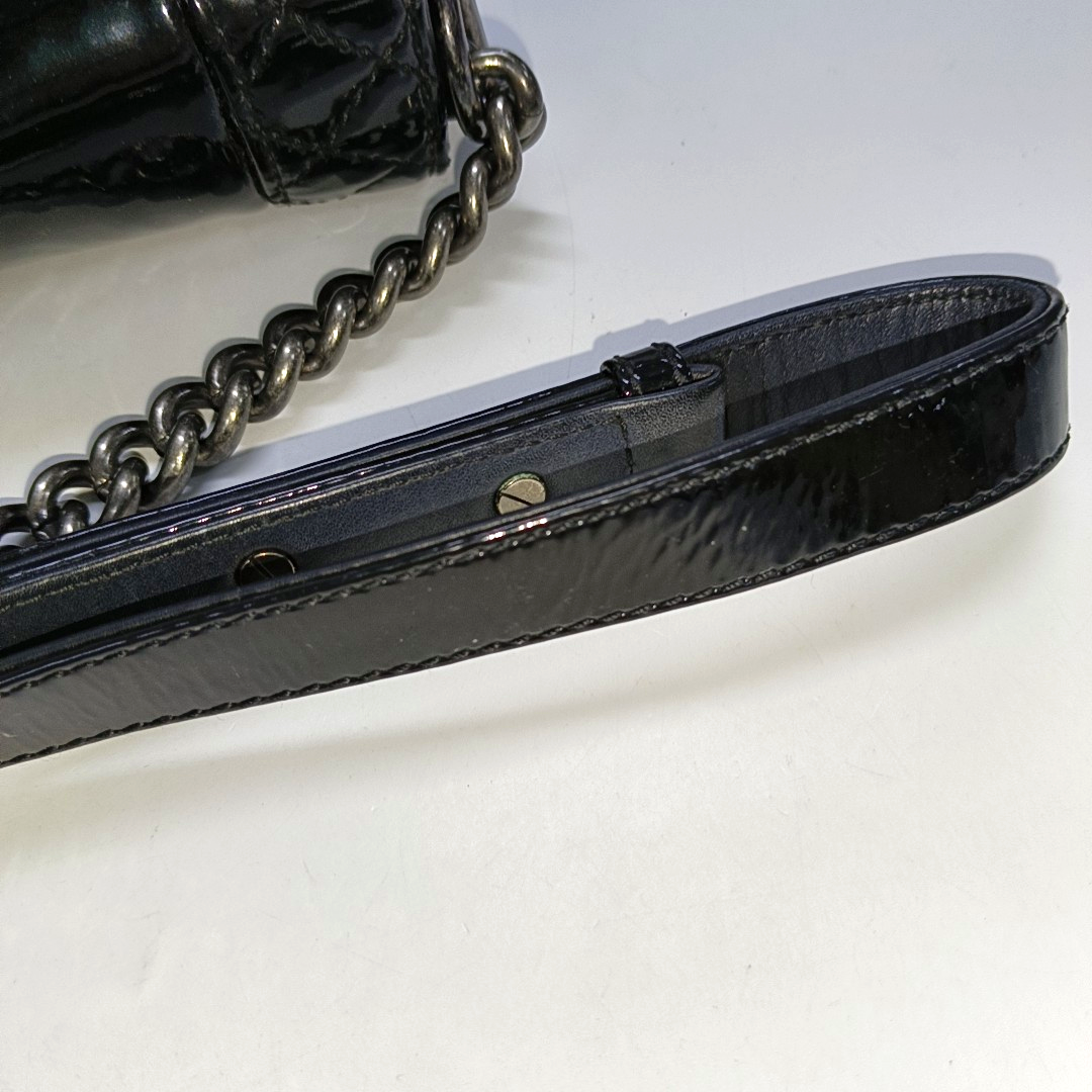CHANEL BOY CHANEL Large Black Patent Leather Quilted Diagonal Shoulder Bag with Detachable Strap-(SKU)-14067527