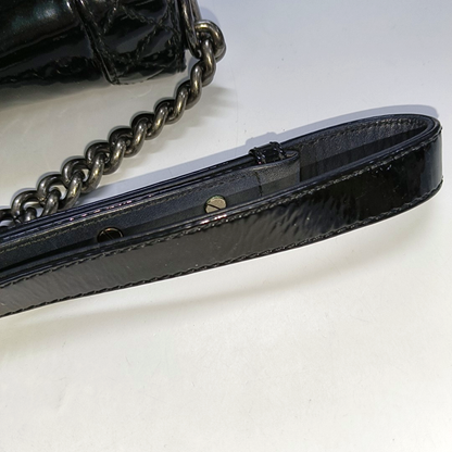 CHANEL BOY CHANEL Large Black Patent Leather Quilted Diagonal Shoulder Bag with Detachable Strap-(SKU)-14067527
