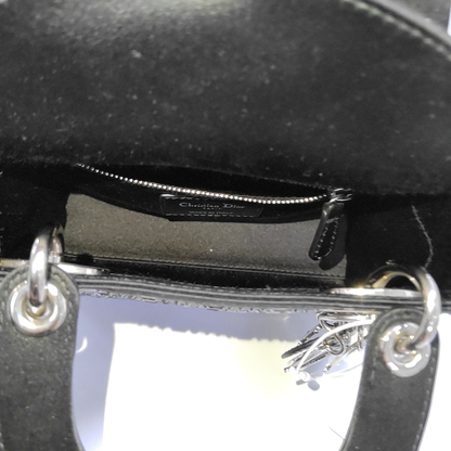 DIOR Lady Dior Mini Black Satin Cannage Quilted Three-Panel Hobo Bag Handbag Crossbody Bag Silver Hardware Removable Shoulder Strap-(SKU)-962820040