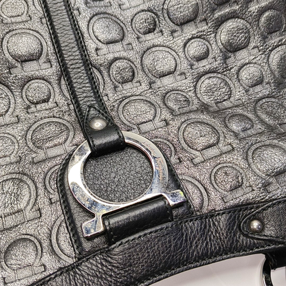FERRAGAMO Marissa Dark Gray Fabric Textured Handbag Silver Hardware-(SKU)-928999227