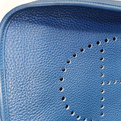 HERMÈS Evelyne GM Denim Blue Clemence Cowhide Openwork Evelyne Single Shoulder Bag Clutch Silver Hardware 🄿 Removable Strap-(SKU)-966962890