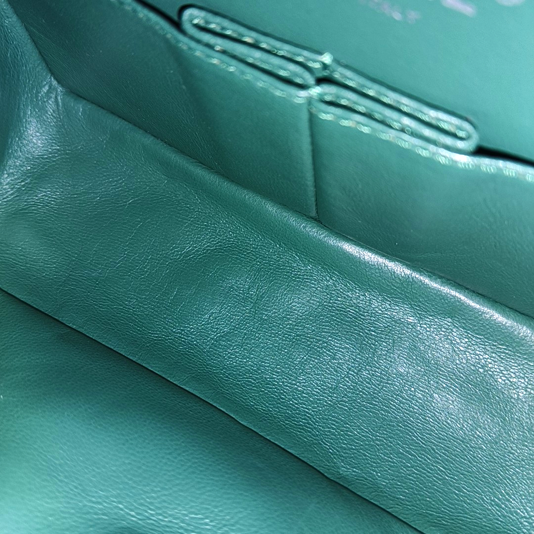 CHANEL 2.55 Small Green Patent Leather Quilted Chain Shoulder Bag with Silver Hardware, 14 Clasps-(SKU)-963604187