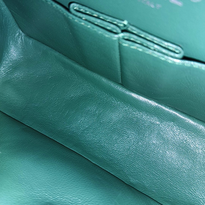 CHANEL 2.55 Small Green Patent Leather Quilted Chain Shoulder Bag with Silver Hardware, 14 Clasps-(SKU)-963604187