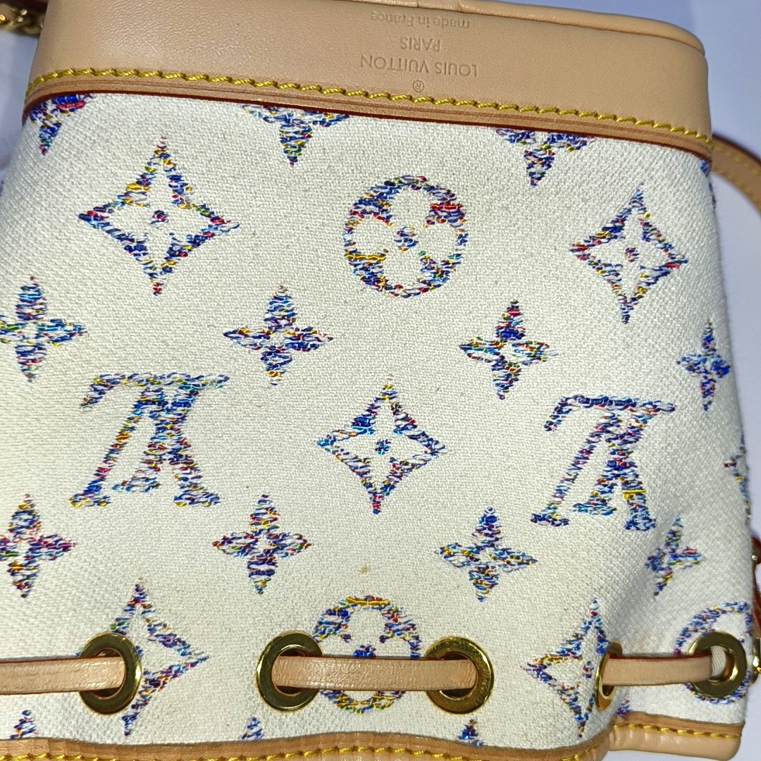 LOUIS VUITTON NOÉ Nano White Canvas Monogram Embossed Shoulder Bag Crossbody Gold Hardware Detachable Shoulder Strap-(SKU)-940367601