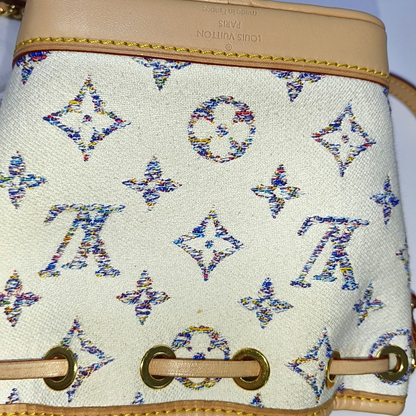 LOUIS VUITTON NOÉ Nano White Canvas Monogram Embossed Shoulder Bag Crossbody Gold Hardware Detachable Shoulder Strap-(SKU)-940367601
