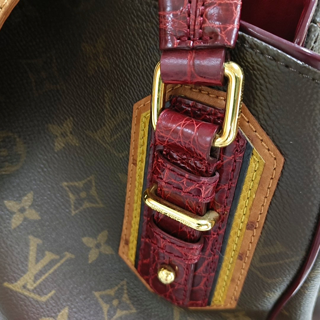 LOUIS VUITTON GRIET Brown Coated Canvas Monogram Crocodile Embossed Handbag with Gold Hardware-(SKU)-967372524
