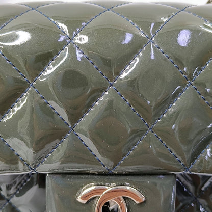 CHANEL CLASSIC FLAP Mini Deep Green Patent Leather Quilted Large Mini Shoulder Bag Silver Hardware 20 Clasp-(SKU)-968080127