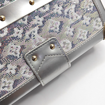LOUIS VUITTON PETITE MALLE Silver Satin Shoulder Bag Crossbody Golden Hardware Removable Shoulder Strap Complete Accessories-(SKU)-961332912