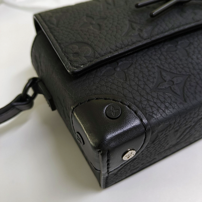 LOUIS VUITTON SOFT TRUNK Mini Black Leather Vintage Embossed Black Samurai Crossbody Shoulder Bag Black Hardware-(SKU)-964773584