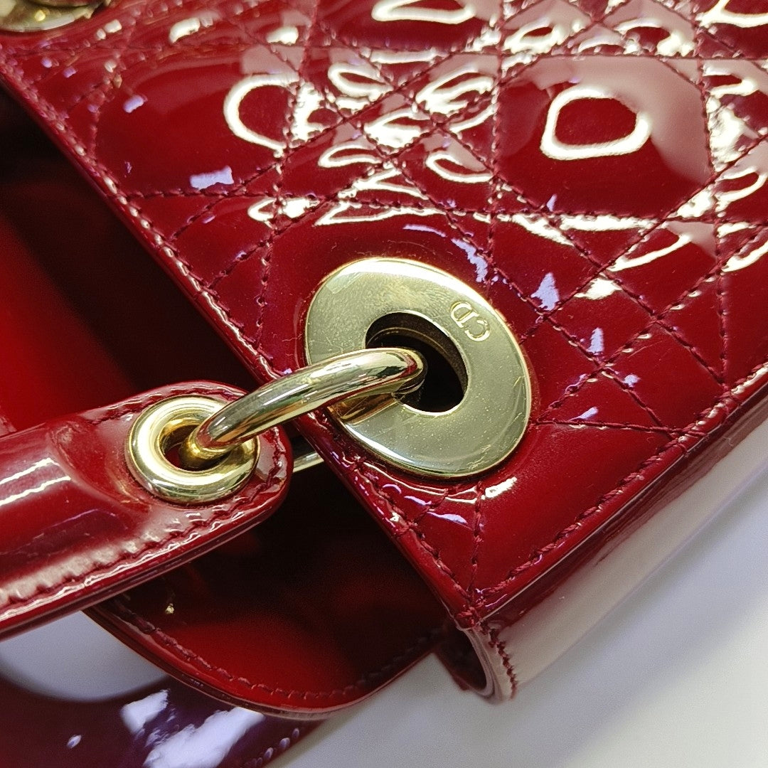 DIOR Lady Dior Mini Red Patent Leather Quilted Cannage Three-Panel Single Shoulder Bag Handbag Crossbody Bag Gold Hardware Removable Shoulder Strap-(SKU)-969715259