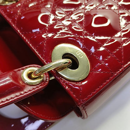 DIOR Lady Dior Mini Red Patent Leather Quilted Cannage Three-Panel Single Shoulder Bag Handbag Crossbody Bag Gold Hardware Removable Shoulder Strap-(SKU)-969715259