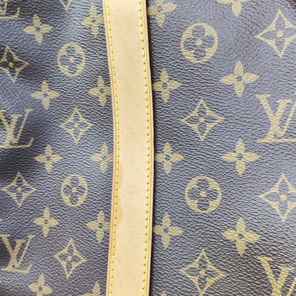 LOUIS VUITTON KEEPALL 50, brown coated canvas monogram Boston bag, shoulder bag, handbag with golden hardware and detachable strap-(SKU)-958409659