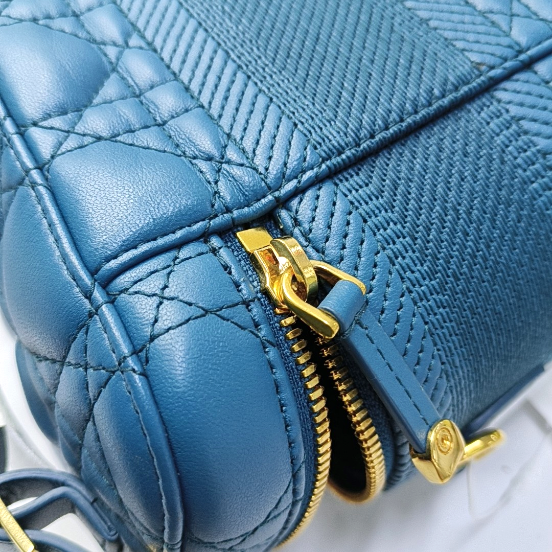 DIOR Travel Vanity Small Dark Blue Lamb Skin Quilted Shoulder Bag with Handle, Gold Hardware, Removable Shoulder Strap-(SKU)-954443509