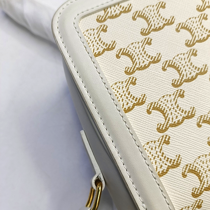 CELINE TRIOMPHE Small White Coated Canvas Triomphe Crossbody Single Shoulder Bag with Gold Hardware-(SKU)-953576570
