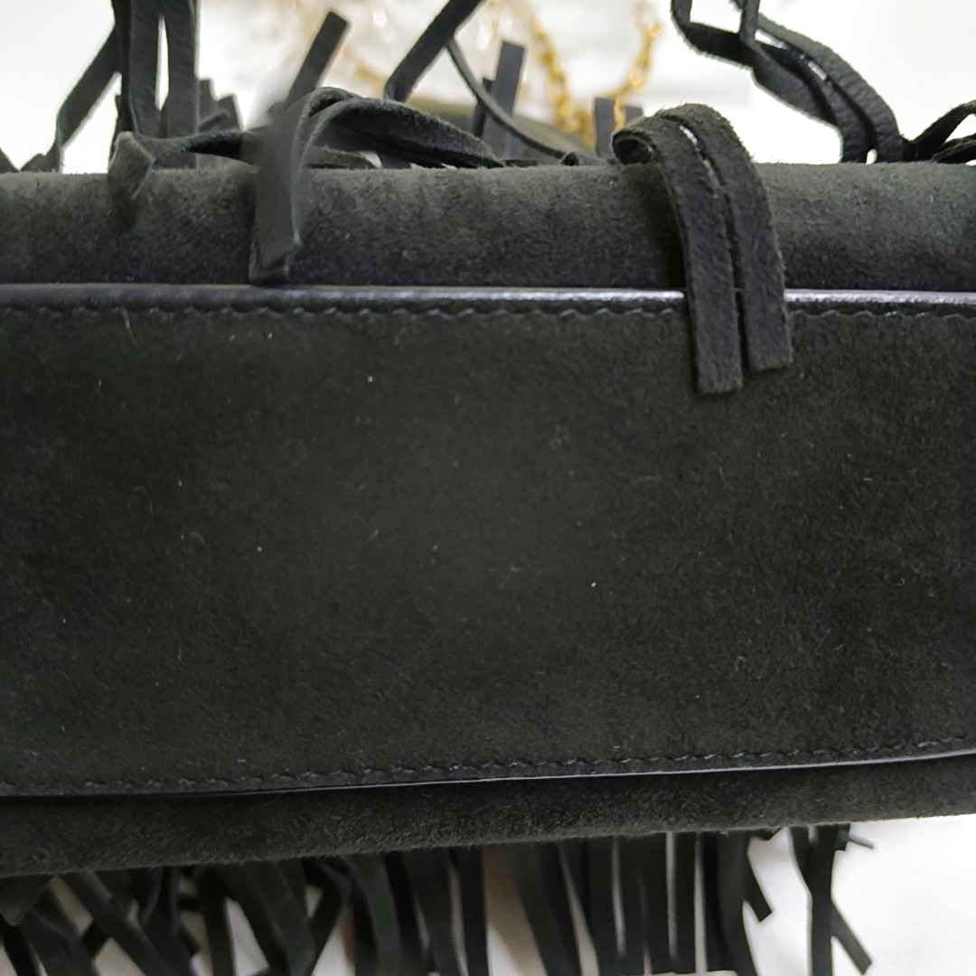 DIOR Lady Dior Mini Black Suede Leather Studded Fringe Crossbody Bag with Gold Hardware, Detachable Strap-(SKU)-961788599