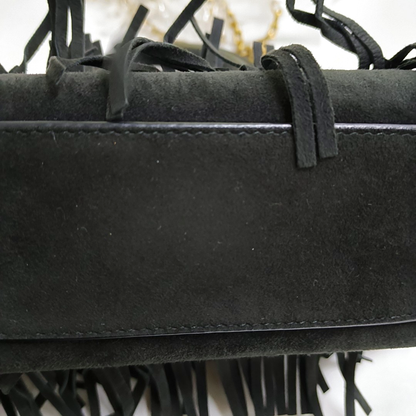 DIOR Lady Dior Mini Black Suede Leather Studded Fringe Crossbody Bag with Gold Hardware, Detachable Strap-(SKU)-961788599