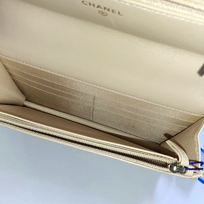 CHANEL CHANEL 19 WOC Beige Lamb Skin Quilted Stitched Crossbody Shoulder Bag Handbag Tote Bag Golden Silver Rhodium Hardware 31 Clasp-(SKU)-949178375